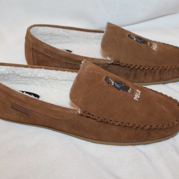 NIB POLO RALPH LAUREN MEN'S SUEDE FUR LINED BEAR BROWN SLIP ON‎ SLIPPERS - Picture 1 of 7